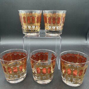Culver Cranberry Medallion 22K Gold Scroll Old Fashioned Whiskey Glasses, Set